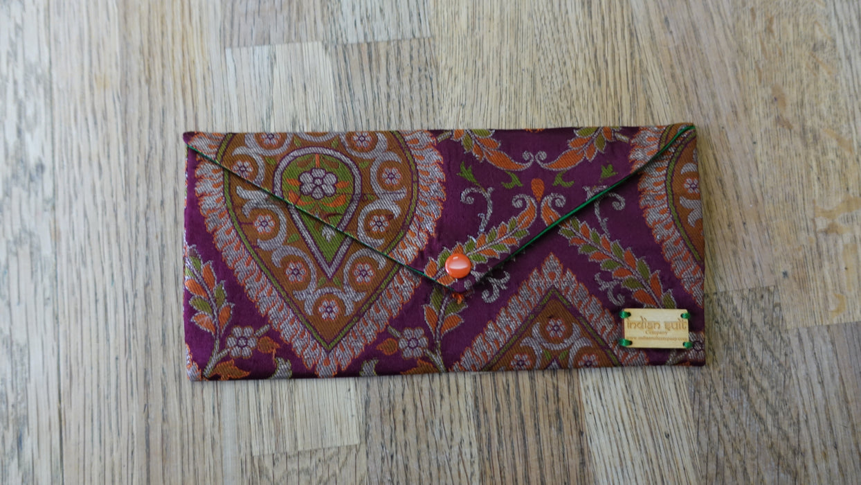 Deep Plum Brocade With Green Silk Lining Vintage Gift Envelope