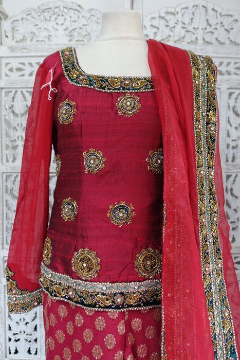 Dark Red Raw Silk Gharara - UK 10 / EU 36 - New