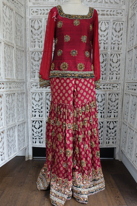 Dark Red Raw Silk Gharara - UK 10 / EU 36 - New