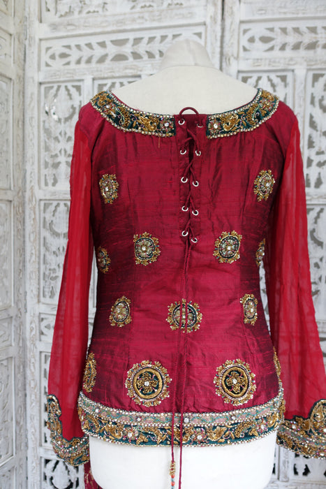 Dark Red Raw Silk Gharara - UK 10 / EU 36 - New