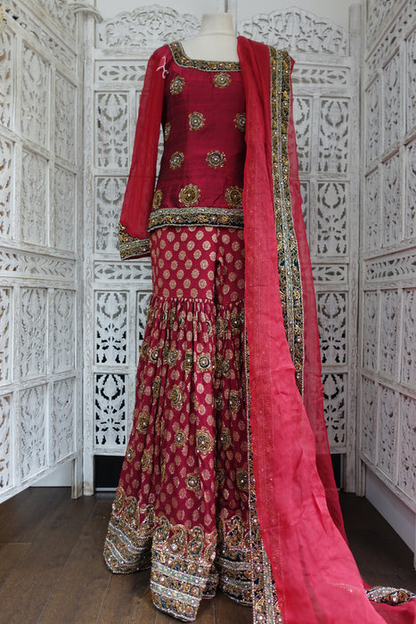 Dark Red Raw Silk Gharara - UK 10 / EU 36 - New