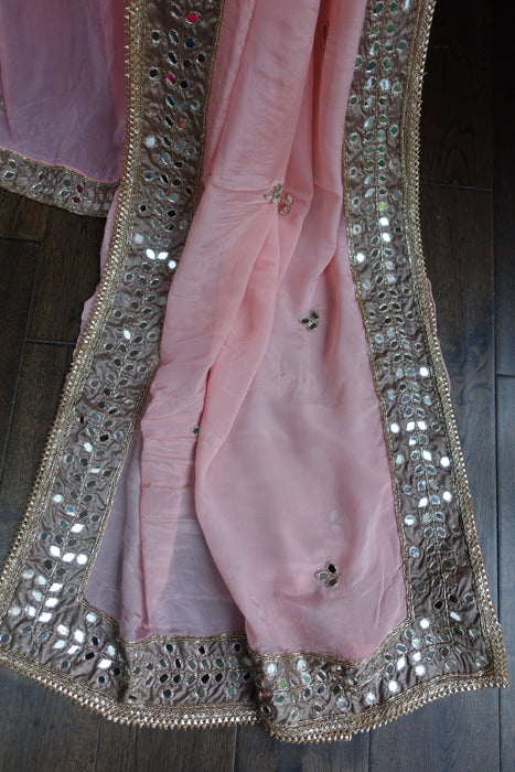 Taupe And Pink Mirror Worked Lengha - UK 20 / EU 46 - New
