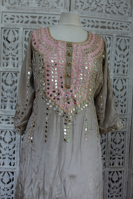Taupe And Pink Mirror Worked Lengha - UK 20 / EU 46 - New