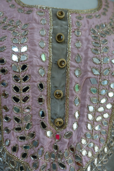 Taupe And Pink Mirror Worked Lengha - UK 20 / EU 46 - New