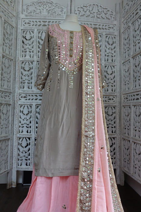 Taupe And Pink Mirror Worked Lengha - UK 20 / EU 46 - New
