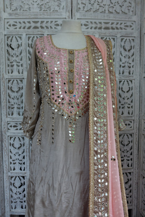 Taupe And Pink Mirror Worked Lengha - UK 20 / EU 46 - New