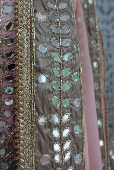 Taupe And Pink Mirror Worked Lengha - UK 20 / EU 46 - New