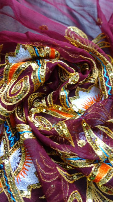 Deep Plum Vintage Sequinned Sari - Preloved