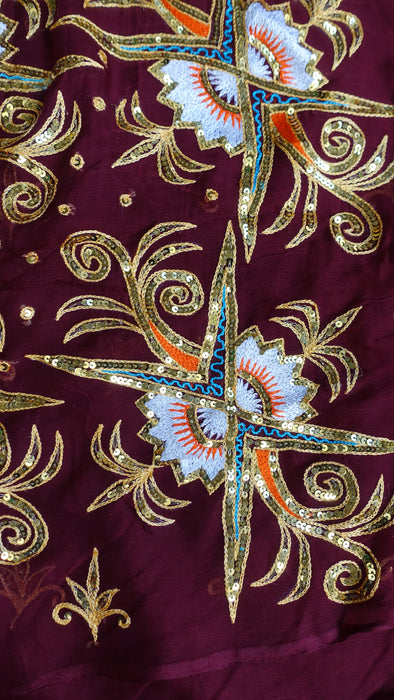 Deep Plum Vintage Sequinned Sari - Preloved