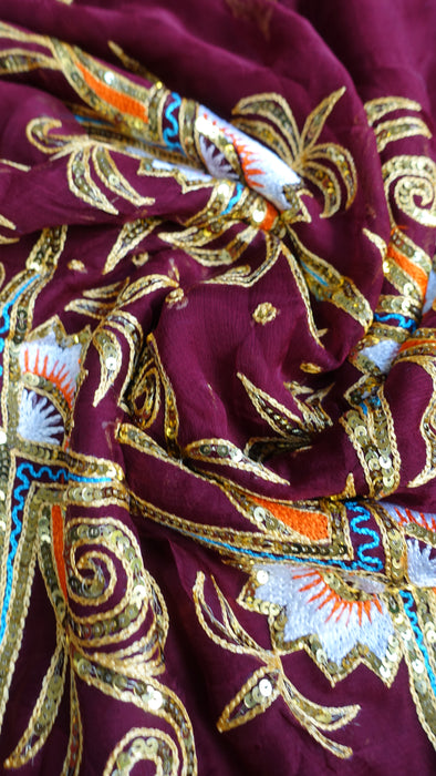 Deep Plum Vintage Sequinned Sari - Preloved