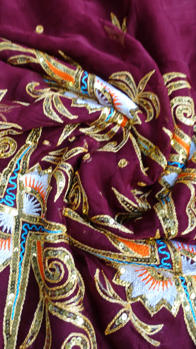 Deep Plum Vintage Sequinned Sari - Preloved