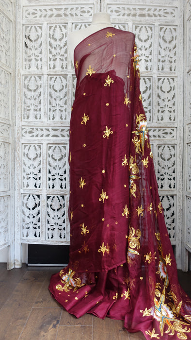 Deep Plum Vintage Sequinned Sari - Preloved