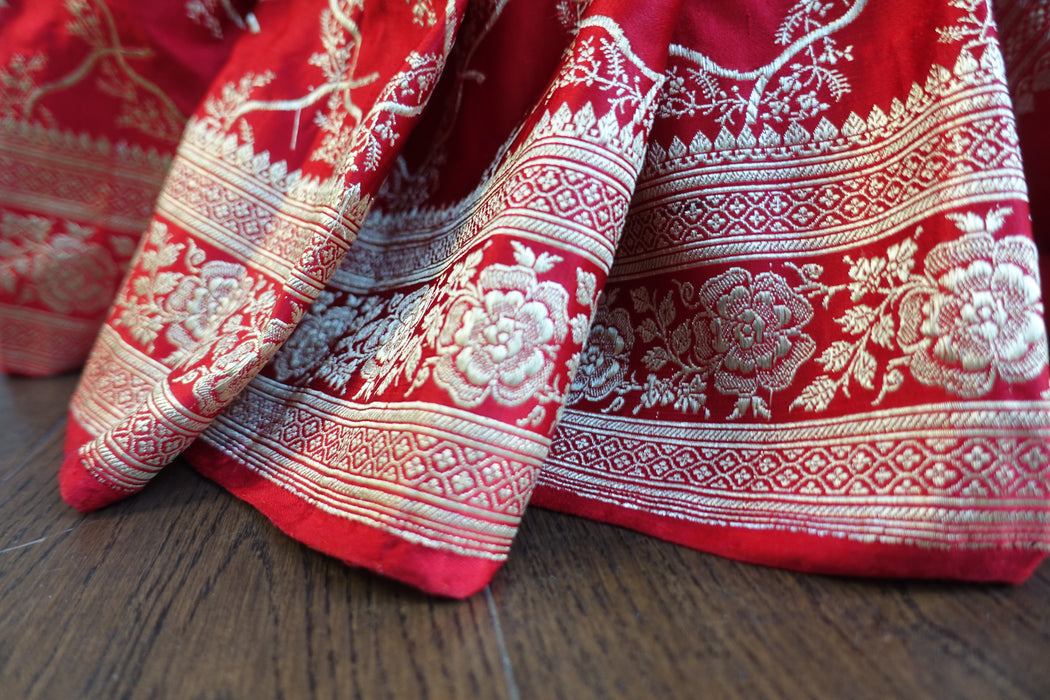 Bright Red Vintage Banarsi Woven Brocade Wedding Sari - New