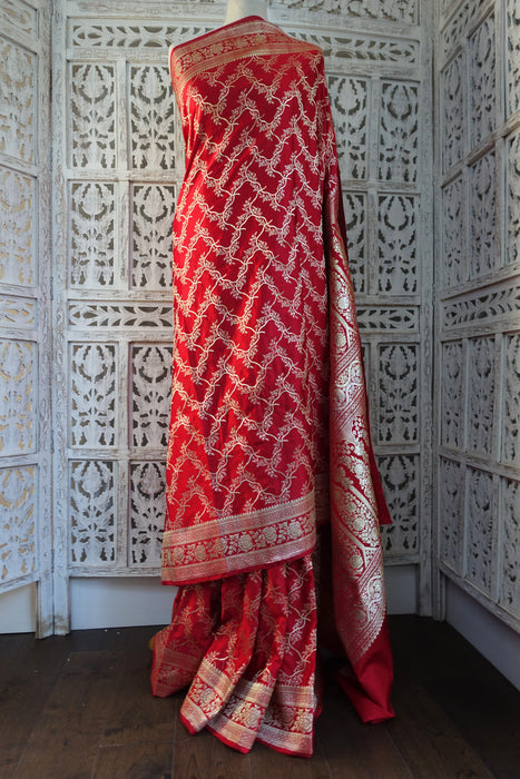 Bright Red Vintage Banarsi Woven Brocade Wedding Sari - New