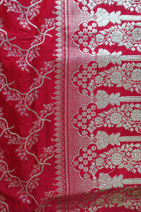 Bright Red Vintage Banarsi Woven Brocade Wedding Sari - New