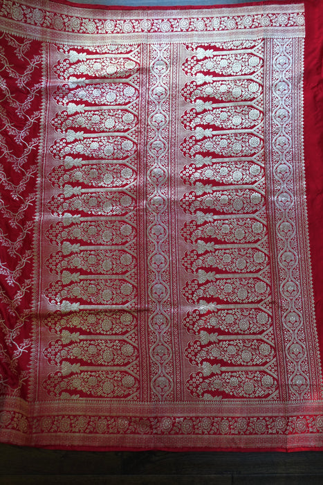 Bright Red Vintage Banarsi Woven Brocade Wedding Sari - New