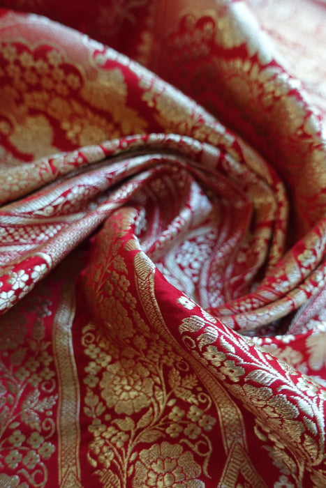 Bright Red Vintage Banarsi Woven Brocade Wedding Sari - New