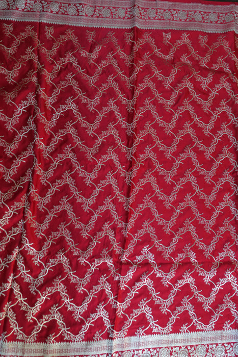 Bright Red Vintage Banarsi Woven Brocade Wedding Sari - New