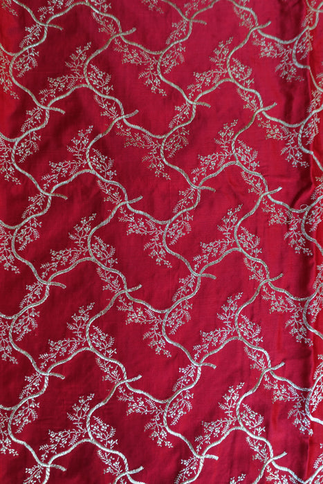 Bright Red Vintage Banarsi Woven Brocade Wedding Sari - New