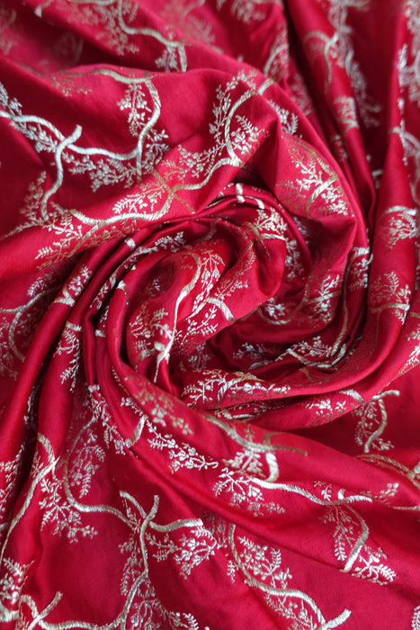 Bright Red Vintage Banarsi Woven Brocade Wedding Sari - New