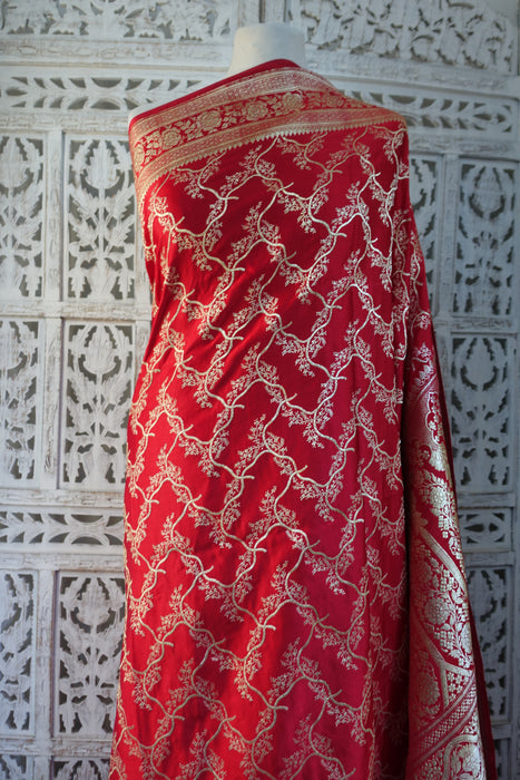 Bright Red Vintage Banarsi Woven Brocade Wedding Sari - New