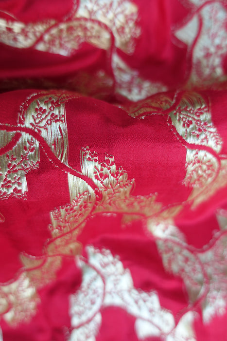 Bright Red Vintage Banarsi Woven Brocade Wedding Sari - New