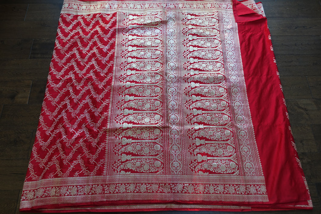 Bright Red Vintage Banarsi Woven Brocade Wedding Sari - New