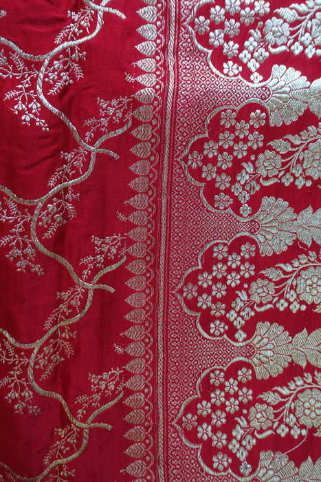 Bright Red Vintage Banarsi Woven Brocade Wedding Sari - New