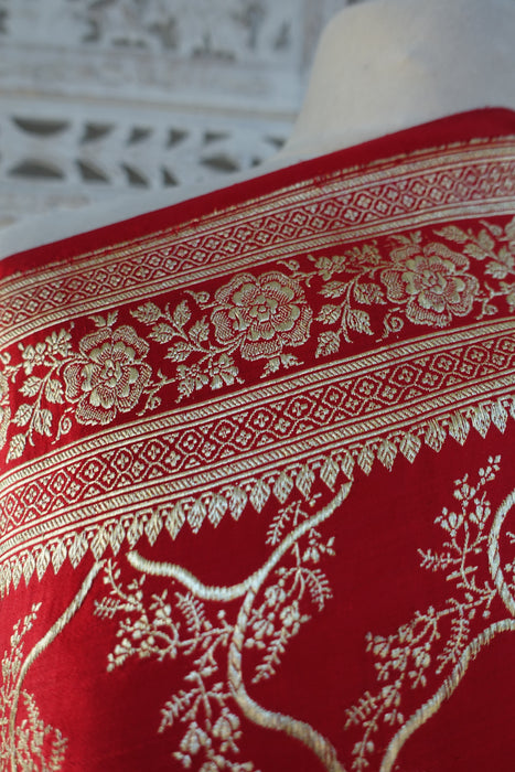 Bright Red Vintage Banarsi Woven Brocade Wedding Sari - New