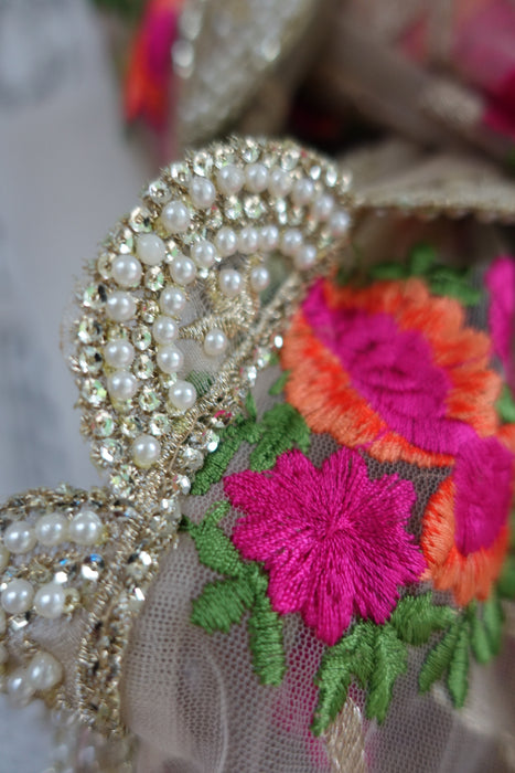 Cream Embroidered Flowers Net Dupatta - New