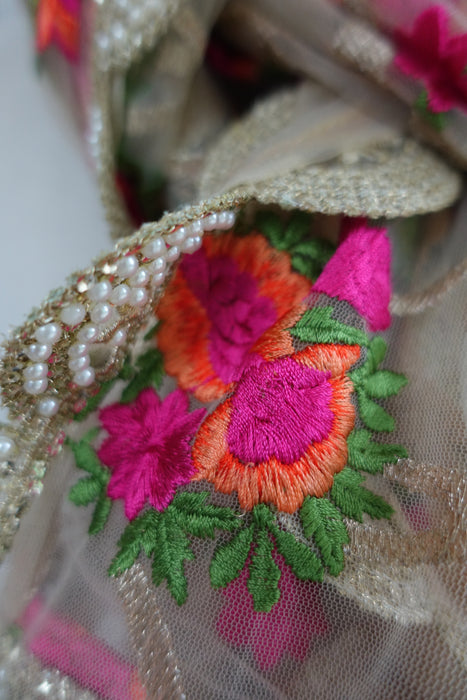 Cream Embroidered Flowers Net Dupatta - New