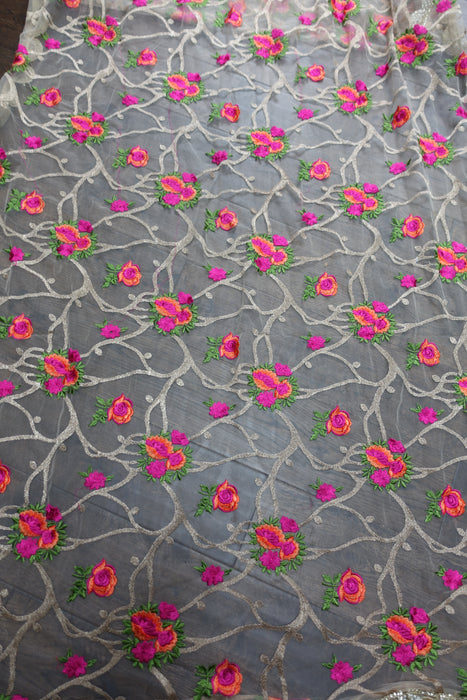 Cream Embroidered Flowers Net Dupatta - New