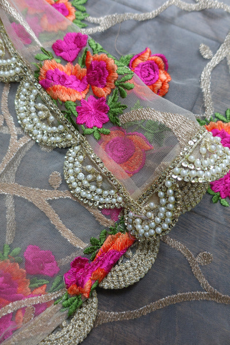 Cream Embroidered Flowers Net Dupatta - New