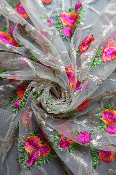Cream Embroidered Flowers Net Dupatta - New