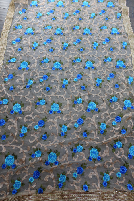 Gold Net With Blue Flowers And Sequins - New