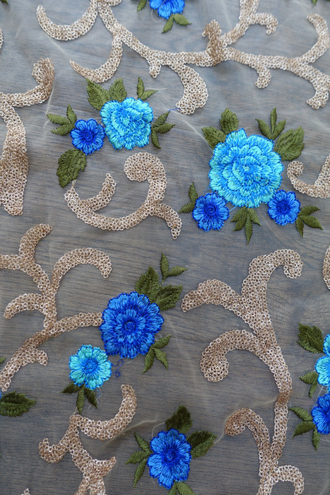 Gold Net With Blue Flowers And Sequins - New