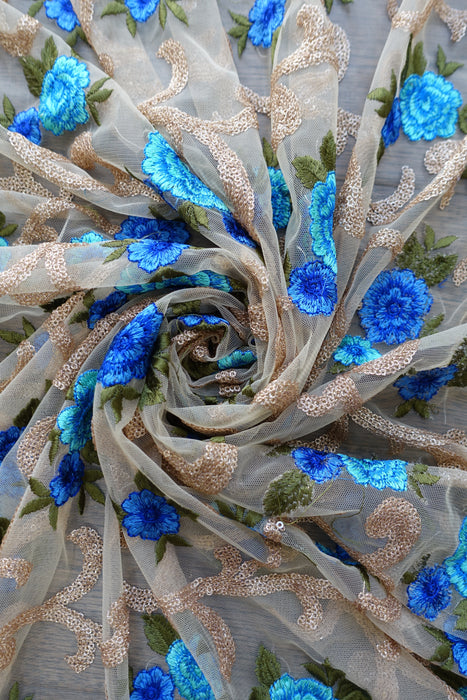 Gold Net With Blue Flowers And Sequins - New