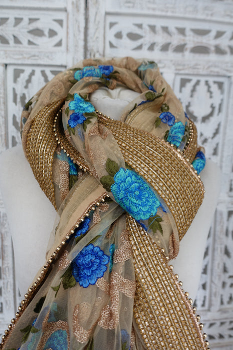 Gold Net With Blue Flowers And Sequins - New