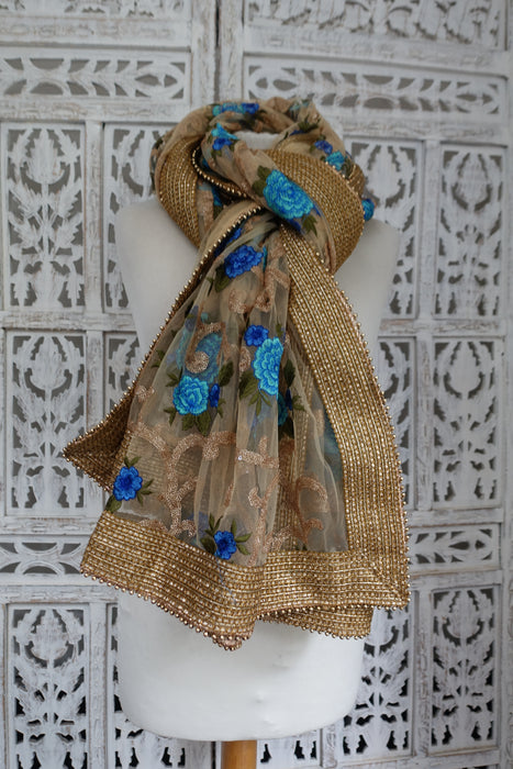 Gold Net With Blue Flowers And Sequins - New