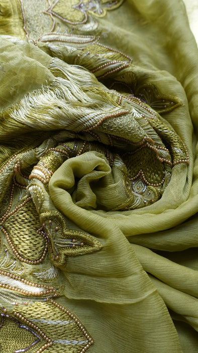 Citrus Green Vintage Silk Chiffon Dupatta - New