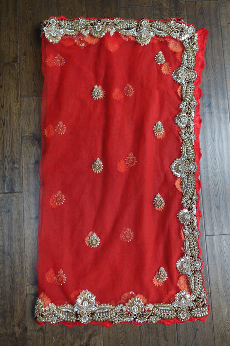 Red Wedding Dupatta With Velvet Trim - New