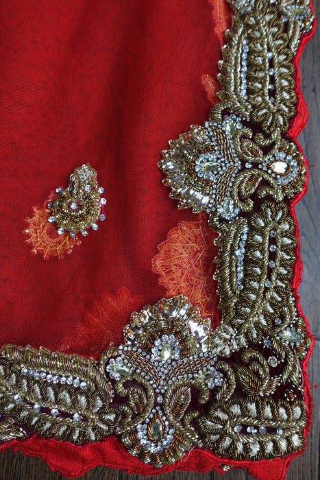 Red Wedding Dupatta With Velvet Trim - New