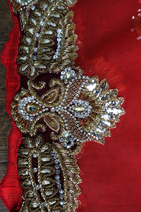 Red Wedding Dupatta With Velvet Trim - New