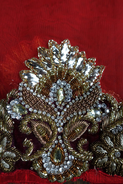 Red Wedding Dupatta With Velvet Trim - New