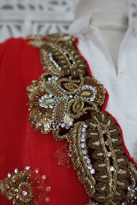 Red Wedding Dupatta With Velvet Trim - New