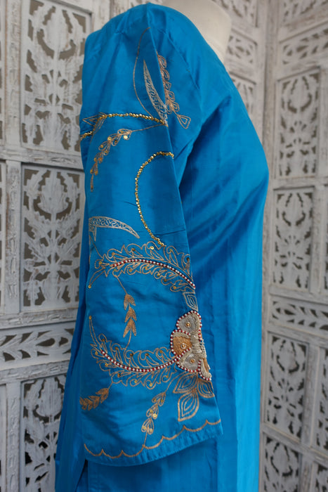 Peacock Blue Vintage Silk Salwar Kameez - UK 18/EU 44 - New