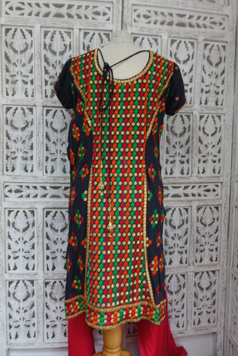 Charcoal And Coral Embroidered Salwar Suit - UK 12/38 - Preloved