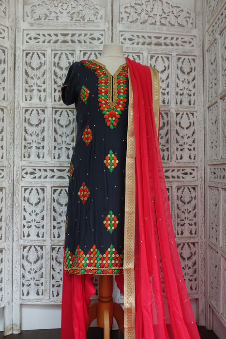 Charcoal And Coral Embroidered Salwar Suit - UK 12/38 - Preloved
