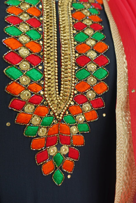 Charcoal And Coral Embroidered Salwar Suit - UK 12/38 - Preloved