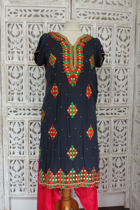 Charcoal And Coral Embroidered Salwar Suit - UK 12/38 - Preloved